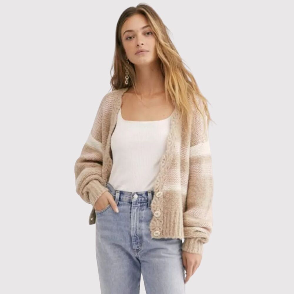 Free People Womens Cardigan Beige Fine Time Alpaca Wool Sweater Striped Small